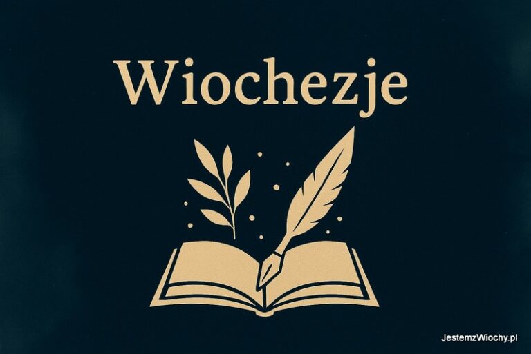 Rustykalna grafika przedstawiająca otwartą księgę, pióro i liście, z napisem „Wiochezje”, w stylu JestemzWiochy.pl
