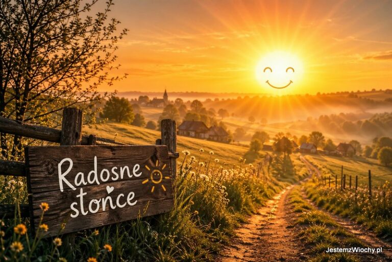 Radosne słońce o poranku nad wiejskim krajobrazem, ciepłe światło oświetla pola i drogę na wsi