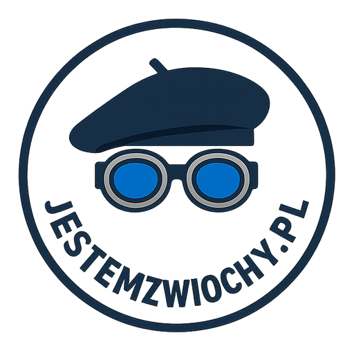 Logo Jestem z Wiochy – beret i okulary Wieśniaka