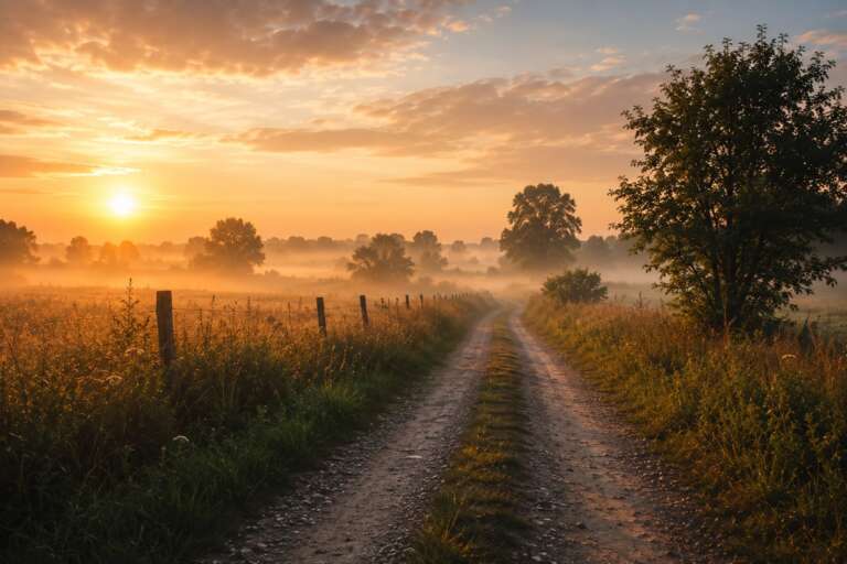 Widok polnej drogi o poranku prowadzącej przez wiejski krajobraz spowity lekką mgłą. Grafika do wpisu „Znaki od losu bywają dziwne”.