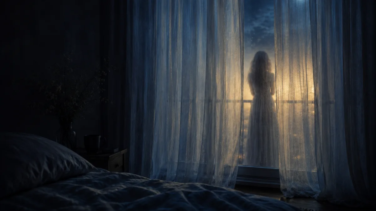 Śniłaś mi się – kobieta za firanką w nocnym świetle, obok niepościelonego łóżka.