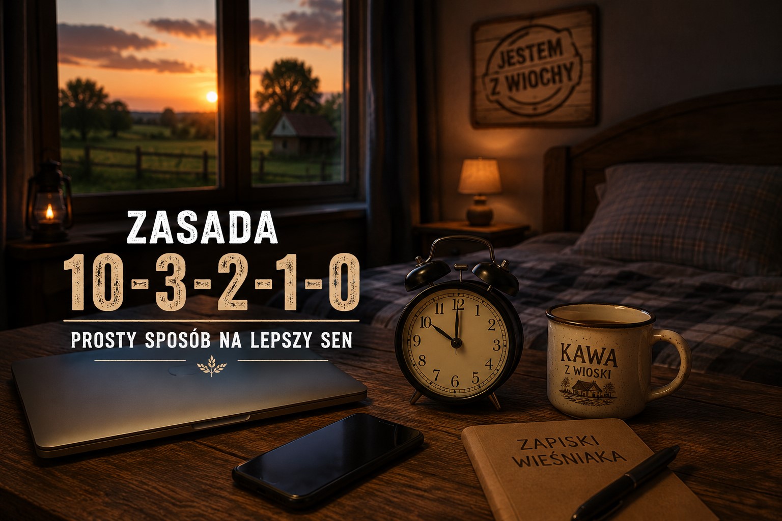 Wiejska sypialnia o zmierzchu ilustrująca zasadę 10-3-2-1-0 pomagającą poprawić jakość snu